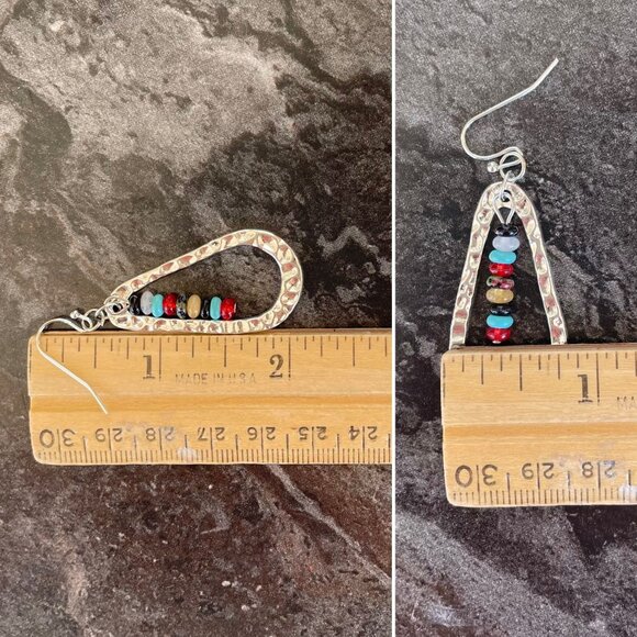 Silvertone Hammered Teardrop Earrings With Multicolor Synthetic Gem Beads 2" L - Picture 3 of 5